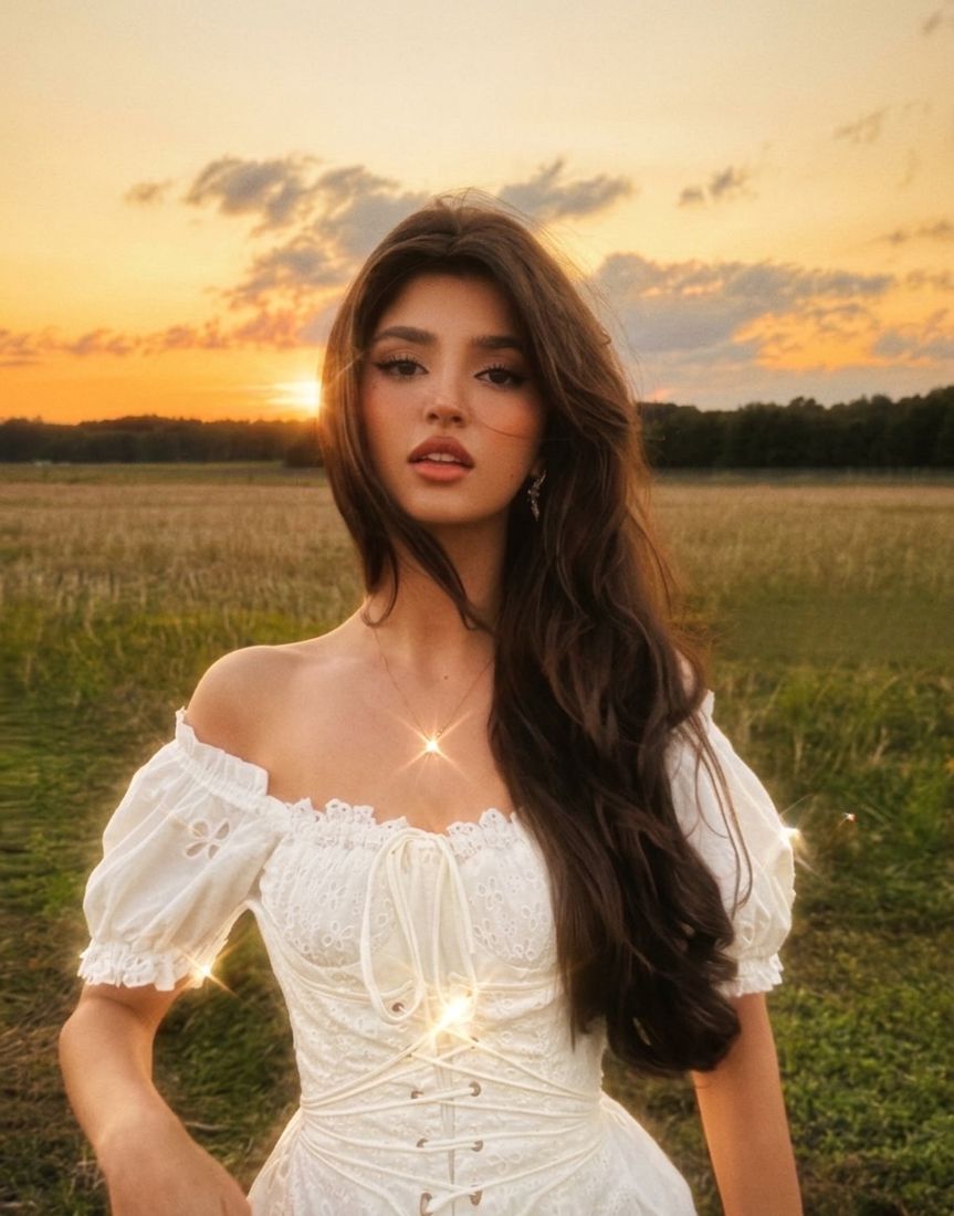 Stardust look: a selfie in a field restyled with warm golden haze and soft star flares